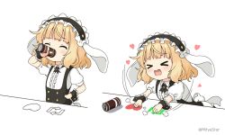 Rule 34 | &gt; &lt;, 1girl, :d, animal ears, arrow (symbol), black hairband, blonde hair, blouse, bongo cat, can, canned coffee, center frills, closed eyes, commentary, cup, drink can, drinking, drinking glass, fleur de lapin uniform, floppy ears, frilled hairband, frilled shirt, frills, gochuumon wa usagi desu ka?, hairband, hand on own hip, heart, holding, holding can, kirima syaro, meme, mitya, open mouth, puffy short sleeves, puffy sleeves, rabbit ears, shirt, short sleeves, simple background, smile, twitter, twitter username, uniform, waitress, white background, white shirt, wrist cuffs, xd