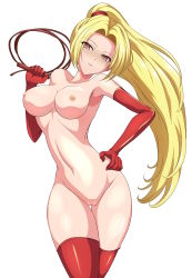 Rule 34 | 1girl, absurdres, blonde hair, breasts, clam curry, cleft of venus, functionally nude, highres, long glove, nude, pussy, red eyes, whip