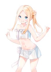 Rule 34 | 1girl, abigail williams (fate), abigail williams (swimsuit foreigner) (fate), absurdres, bare arms, bare shoulders, bikini, blonde hair, blush, bow, closed mouth, commentary request, fate/grand order, fate (series), feet out of frame, groin, hair bun, hands up, highres, navel, side ponytail, sidelocks, simple background, single side bun, smile, solo, standing, strapless, strapless bikini, striped, striped bow, swimsuit, white background, white bikini, yukaa