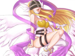 Rule 34 | 1girl, angel wings, angewomon, armor, asymmetrical clothes, asymmetrical footwear, bare shoulders, belt, blonde hair, breastplate, breasts, cleavage, clothing cutout, covered eyes, digimon, digimon (creature), digimon adventure, elbow gloves, fujisaki subaru, gloves, head wings, helmet, large breasts, long hair, mismatched footwear, multiple wings, navel, navel cutout, open mouth, ribbon, single elbow glove, single glove, solo, thigh strap, wings