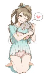 Rule 34 | 10s, 1girl, akimoto (akmt t), barefoot, blush, bow, bow panties, brown hair, frilled panties, frills, heart, long hair, love live!, love live! school idol festival, love live! school idol project, minami kotori, minami kotori (bird), one eye closed, panties, polka dot, polka dot panties, seiza, side ponytail, simple background, sitting, smile, spoken heart, underwear, white background