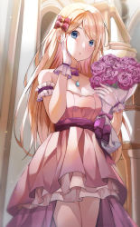 Rule 34 | 1girl, :o, absurdres, arm cuffs, bare shoulders, blonde hair, blue eyes, blush, bouquet, bow, breasts, choker, cleavage, collarbone, commentary, dappled sunlight, dress, flower, frilled cuffs, frills, fu u03, gloves, hair bow, hand on own face, highres, holding, holding bouquet, indoors, jewelry, layered dress, long hair, looking at viewer, medium breasts, necklace, original, parted bangs, parted lips, pink dress, purple flower, purple rose, purple sash, ribbon, rose, sash, short dress, sleeveless, sleeveless dress, strapless, strapless dress, sunlight, thighs