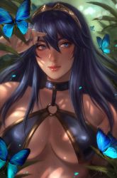 Rule 34 | 1girl, alternate breast size, alternate costume, blue eyes, blue hair, breasts, cleavage, commentary, fire emblem, fire emblem awakening, fire emblem cipher, hair between eyes, highres, large breasts, long hair, lucina (fire emblem), nintendo, o-ring, o-ring top, soffa, solo, swimsuit, tiara