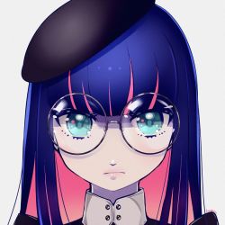 Rule 34 | 1girl, bad id, bad pixiv id, black hat, blue eyes, closed mouth, colored inner hair, glasses, hat, kisaragi yuu (fallen sky), long hair, multicolored hair, panty &amp; stocking with garterbelt, portrait, round eyewear, simple background, solo, stocking (psg), two-tone hair, white background