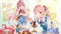 Rule 34 | 1girl, 1other, 2022, :q, ;q, akiyama mizuki, apron, aqua bow, blue bow, blue eyes, blue nails, bow, box, chocolate, closed mouth, commentary, detached sleeves, english commentary, english text, flower, frilled apron, frills, gift, gift box, hair bow, hairband, happy valentine, headphones, headset, highres, indoors, long hair, long sleeves, mannequin, megurine luka, microphone, murakami yuichi, nail polish, official art, one eye closed, pink eyes, pink hair, project sekai, puffy long sleeves, puffy sleeves, shirt, side ponytail, sidelocks, signature, smile, tongue, tongue out, v-shaped eyebrows, valentine, very long hair, vocaloid, white apron, white shirt, window