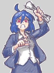 Rule 34 | 1girl, ahoge, angry, blue hair, breasts, clenched teeth, collared shirt, crumpled paper, hcnone, highres, holding, holding paper, looking at viewer, medium breasts, office lady, original, paper, parted lips, pink eyes, shirt, short hair, sketch, skye (hcnone), solo, teeth, white shirt