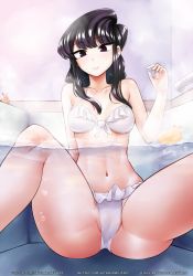 Rule 34 | 1girl, ass, bare shoulders, bathing, bathtub, bikini, black hair, blush, breasts, breasts apart, bubble, cameltoe, character doll, cleft of venus, closed mouth, collarbone, commentary, creatures (company), english commentary, fat mons, foreshortening, frilled bikini, frills, game freak, gen 1 pokemon, hand up, highres, indoors, knees up, komi-san wa komyushou desu, komi shouko, light smile, lips, long hair, looking at viewer, medium breasts, navel, nintendo, nose blush, partially submerged, partially underwater shot, partially visible vulva, perspective, pikachu, pokemon, pokemon (creature), rubber duck, sereneandsilent, sidelocks, sitting, spread legs, steam, swept bangs, swimsuit, thighs, underboob, underwater, water, watermark, web address, wet, white bikini