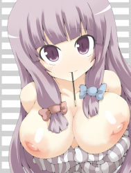 Rule 34 | 1girl, bare shoulders, blush, bow, breasts, clothes pull, dress pull, face, female focus, food, framed breasts, hair bow, highres, huge breasts, inverted nipples, large breasts, looking up, mouth hold, nipples, no nose, off shoulder, patchouli knowledge, pocky, satou makura, smile, solo, striped, striped background, touhou