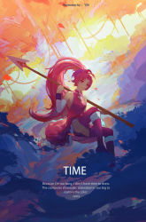 Rule 34 | 1girl, absurdres, artist name, boots, branch, bush, chinese commentary, closed mouth, commentary request, detached sleeves, dress, dutch angle, english text, falling petals, full body, highres, holding, holding polearm, holding weapon, knee boots, long hair, magical girl, mahou shoujo madoka magica, mahou shoujo madoka magica (anime), outdoors, petals, polearm, ponytail, red dress, red footwear, red hair, red thighhighs, river, sakura kyoko, sleeveless, sleeveless dress, smile, solo, spear, thighhighs, tree, water, weapon, y|m
