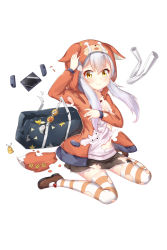 Rule 34 | 1girl, ^^^, animal ears, animal hood, arm up, badge, bag, black skirt, blush, bow, broken, brown footwear, button badge, chihong de tianshi, closed mouth, collarbone, crying, crying with eyes open, fake animal ears, fake tail, fox ears, fox hood, fox tail, hair between eyes, handheld game console, highres, hood, hood up, hooded jacket, jacket, jewelry, long hair, looking at viewer, mary janes, official art, open clothes, open jacket, orange jacket, original, pendant, pleated skirt, print shirt, red bow, shirt, shoes, silver hair, simple background, sitting, skirt, solo, streaming tears, striped clothes, striped thighhighs, tail, tears, thighhighs, torn clothes, torn jacket, torn shirt, torn skirt, torn thighhighs, wariza, white background, white shirt, yellow eyes