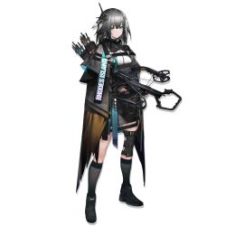 Rule 34 | 1girl, arknights, black footwear, black legwear, blouse, boots, bow (weapon), breasts, choker, cloak, closed mouth, compound bow, crossbow, feather hair, feather hair ornament, feathers, full body, gloves, green eyes, grey hair, greythroat (arknights), hair ornament, headset, heibaise jiangshi, holding, holding bow (weapon), holding crossbow, holding weapon, knee pads, large breasts, leotard, looking at viewer, official art, shirt, short hair, sidelocks, single knee pad, solo, tachi-e, transparent background, weapon, white shirt
