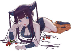 Rule 34 | 1girl, bare shoulders, black dress, blue eyes, blunt bangs, blush, breasts, china dress, chinese clothes, cleavage, detached sleeves, dress, fate/grand order, fate (series), hair ornament, highres, large breasts, long hair, looking at viewer, lychee, lying, open mouth, purple hair, side slit, sidelocks, solo, thighs, ts-ix, twintails, very long hair, yang guifei (fate), yang guifei (second ascension) (fate)