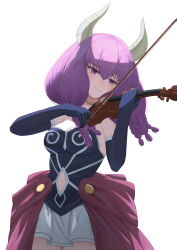 Rule 34 | 1girl, absurdres, aura (sousou no frieren), blush, braid, breasts, cleavage, clothing cutout, demon horns, elbow gloves, floating hair, gloves, hair between eyes, highres, holding, holding instrument, holding violin, horns, instrument, light frown, medium breasts, medium hair, multiple braids, music, navel, navel cutout, pige pig, playing instrument, purple eyes, purple hair, simple background, solo, sousou no frieren, tearing up, violin, white background