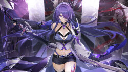 Rule 34 | 1girl, acheron (honkai: star rail), black choker, black gloves, black shorts, body markings, boots, breasts, chain, choker, cleavage, coat, coattails, detached sleeves, glass shards, gloves, hair over one eye, highres, holding, holding sword, holding weapon, honkai: star rail, honkai (series), leg tattoo, long hair, midriff, multicolored hair, navel, official alternate color, pingdiguo, purple eyes, purple hair, sheath, short shorts, shorts, single bare shoulder, solo, stomach, streaked hair, sword, tattoo, thigh boots, unsheathing, weapon, white coat, white hair