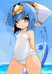 Rule 34 | 1girl, blue eyes, blue hair, breasts, cameltoe, covered navel, hat, headpiece, hellmatio, innertube, karukan (monjya), looking at viewer, one-piece swimsuit, open mouth, pointy ears, shinrabanshou, small breasts, solo, swim ring, swimsuit, thick eyebrows, water, white one-piece swimsuit