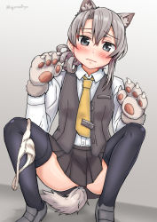 Rule 34 | 1girl, anal tail, animal ears, animal hands, ass, asymmetrical hair, black footwear, black thighhighs, blush, butt plug, collared shirt, fake tail, flipped hair, gloves, grey eyes, highres, kantai collection, long sleeves, necktie, nowaki (kancolle), onguuchi, panties, panties around leg, paw gloves, pleated skirt, plug tail, school uniform, sex toy, shirt, short hair, silver hair, skirt, solo, squatting, swept bangs, tail, thighhighs, underwear, vest, white panties, white shirt, wolf ears, wolf tail, yellow necktie