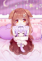Rule 34 | 1girl, 54hao, aged down, animal ears, bone hair ornament, brown hair, brown skirt, cartoon bone, character doll, checkered pillow, covered mouth, curtains, dog ears, dog girl, dog tail, frilled pillow, frilled skirt, frills, hair between eyes, hair ornament, heart, highres, hololive, hugging object, inugami korone, inugami korone (street), long hair, long sleeves, looking at viewer, nail polish, nekomata okayu, no shoes, pantyhose, pillow, pink nails, puffy long sleeves, puffy sleeves, red eyes, shirt, sitting, skirt, sleeves past wrists, solo, tail, virtual youtuber, wariza, white pantyhose, white shirt
