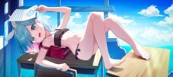 Rule 34 | 1girl, arm up, armpits, arona (blue archive), backpack, bag, bare arms, bare legs, bare shoulders, barefoot, bikini, black bikini, blue archive, blue eyes, blue hair, blue sky, bow hairband, braid, chair, cloud, colored inner hair, commentary request, day, desk, feet, flat chest, foot out of frame, frilled bikini, frills, from side, hair behind ear, hairband, halo, heart, heart halo, highres, holding, holding paper, knees up, korean commentary, looking at viewer, looking to the side, lying, mannack, multicolored hair, navel, on back, open mouth, paper, pink hair, randoseru, red bag, red halo, school chair, school desk, shadow, short hair, side-tie bikini bottom, sky, smile, solo, stomach, string bikini, swept bangs, swimsuit, teeth, toes, two-tone hair, upper teeth only, white hairband