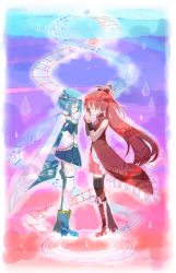 Rule 34 | 10s, 2girls, bad id, bad pixiv id, blue hair, boots, cape, closed eyes, gloves, highres, holding hands, interlocked fingers, long hair, magical girl, mahou shoujo madoka magica, mahou shoujo madoka magica (anime), miki sayaka, multiple girls, musical note, own hands together, ponytail, praying, profile, red hair, sakura kyoko, shima hayaki, short hair, thighhighs, water drop, white gloves