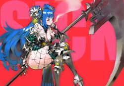Rule 34 | 1girl, absurdres, armored boots, arowana2111, black leotard, blue hair, boots, breasts, cigarette, cleavage, commentary, crossed legs, double bun, earrings, fishnet pantyhose, fishnets, from side, gauntlets, hair bun, hair ornament, highres, holding, holding cigarette, holding scythe, hoop earrings, jewelry, large breasts, leotard, long hair, looking to the side, medium breasts, original, pantyhose, pointy ears, red background, scythe, smoke, smoking, solo, thighhighs