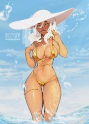 Rule 34 | 1girl, artist name, bikini, blue sky, blush, breasts, brown lips, cleavage, cloudbae (madyaxx), commentary, covered erect nipples, dark-skinned female, dark skin, earrings, english commentary, english text, front-tie bikini top, front-tie top, gold bikini, hat, heart, heart-shaped pupils, highres, jewelry, large breasts, leg tattoo, long hair, looking at viewer, madyaxx, navel piercing, necklace, ocean, one eye closed, original, piercing, pointy ears, pulling own clothes, side-tie bikini bottom, sky, solo, strap pull, stud earrings, sun hat, swimsuit, symbol-shaped pupils, tattoo, thick thighs, thigh gap, thighlet, thighs, twitter username, wading, water, white hair, white hat, yellow eyes