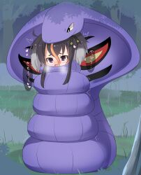Rule 34 | 1girl, arbok, black hair, blush, breath, commentary request, constriction, creatures (company), crossover, forest, forked tongue, game freak, gen 1 pokemon, grass, highres, kantai collection, lets0020, medium bangs, nature, nintendo, nose blush, open mouth, pokemon, pokemon (creature), purple eyes, short hair with long locks, smile, snake, tokitsukaze (kancolle), tongue, translation request, upper body