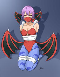 Rule 34 | 1girl, animal print, arms behind back, bad id, bad pixiv id, bare shoulders, bat print, bdsm, blue pantyhose, bondage, bound, bound legs, breasts, cleavage, cloth gag, demon girl, demon wings, elbow gloves, gag, gagged, gloves, head wings, highres, improvised gag, kneeling, leotard, lilith aensland, lost one zero, low wings, no shoes, over the nose gag, pantyhose, print pantyhose, purple hair, red eyes, red leotard, short hair, small breasts, soles, solo, tape, tape bondage, tape gag, toes, vampire (game), wings
