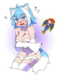 Rule 34 | 2girls, ?, ahoge, animal ears, animal hands, black wings, blue eyes, blue hair, blush, boots, breasts, brown footwear, cannsk, cat paws, choker, collarbone, commentary request, cosplay, cropped legs, demitri maximoff, demitri maximoff (cosplay), dog ears, dog girl, dog tail, embarrassed, faceless, faceless female, felicia (vampire), felicia (vampire) (cosplay), glasses, indie virtual youtuber, large breasts, multicolored hair, multiple girls, red hair, revealing clothes, tail, tsuraragi toa, two-tone hair, vampire (game), virtual youtuber, white choker, white hair, wings, yokota mary