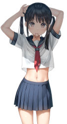 Rule 34 | 1girl, arms up, black hair, blouse, blue sailor collar, blue skirt, blush, breasts, brown eyes, commentary request, cowboy shot, crop top, crop top overhang, hair tie, hair tie in mouth, highres, kantoku, long hair, looking at viewer, midriff, mouth hold, navel, neckerchief, original, pleated skirt, red neckerchief, sailor collar, school uniform, see-through, see-through shirt, see-through silhouette, serafuku, shirt, short sleeves, sidelocks, simple background, skirt, solo, stomach, twintails, twintails day, tying hair, white background, white shirt