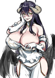 Rule 34 | 1girl, 774 (nanashi), albedo (overlord), alternate breast size, bare shoulders, black feathers, blush, breasts, cleavage, demon girl, feathers, gloves, grey horns, hair between eyes, horns, huge breasts, low wings, overlord (maruyama), sketch, smile, solo, thighs, white gloves, wings, yellow eyes