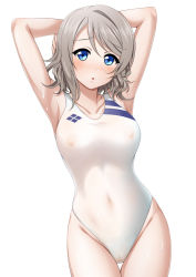 Rule 34 | 1girl, :o, armpits, arms up, blue eyes, blush, breasts, cameltoe, collarbone, competition swimsuit, covered navel, grey hair, hair between eyes, large breasts, looking at viewer, love live!, love live! sunshine!!, miel (lessontome), nipples, one-piece swimsuit, open mouth, parted bangs, see-through, short hair, simple background, skindentation, solo, standing, swept bangs, swimsuit, watanabe you, wet, white background, white one-piece swimsuit