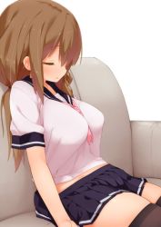 Rule 34 | 1girl, black thighhighs, blush, breasts, brown hair, couch, crop top, female focus, jpeg artifacts, kaisen chuui, large breasts, long hair, low twintails, miniskirt, original, parted lips, pleated skirt, school uniform, serafuku, sitting, skirt, sleeping, solo, thighhighs, twintails