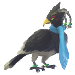Rule 34 | animalization, anklet, beak, bird, blue scarf, braid, closed mouth, green eyes, highres, jewelry, nintendo, no humans, revali, scarf, simple background, solo, talons, the legend of zelda, the legend of zelda: breath of the wild, ukata, white background