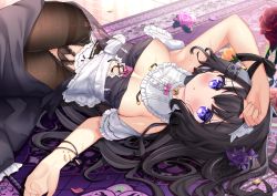 Rule 34 | 1girl, alternate costume, apron, arm up, armpits, bell, black hair, black panties, black pantyhose, black shirt, black skirt, blush, breasts, cleavage, clothes pull, commentary request, crotchless, crotchless pantyhose, enmaided, flower, hair flower, hair ornament, hairclip, hand on own head, highres, hiyada yuu, jingle bell, lingerie, long hair, looking at viewer, lying, maid, maid headdress, on back, on floor, original, panties, pantyhose, pantyshot, pink eyes, rose, rug, shirt, skirt, skirt pull, solo, strapless, strapless shirt, thighband pantyhose, thighs, underwear, waist apron, white apron
