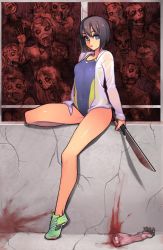 Rule 34 | 1girl, bare legs, black hair, blood, blue eyes, competition swimsuit, concrete, frown, full body, green footwear, holding, holding weapon, hood, hooded jacket, hoodie, jacket, long sleeves, looking at viewer, machete, no socks, one-piece swimsuit, open clothes, original, severed arm, severed limb, shiny skin, shoes, short hair, sitting, sneakers, solo, swimsuit, swimsuit under clothes, weapon, window, yuksi, zombie