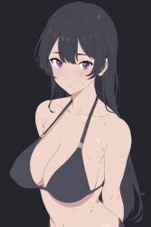 Rule 34 | 1girl, absurdres, arms behind back, bare shoulders, bikini, bikini top only, black background, black hair, blush, breasts, cleavage, closed mouth, collarbone, commentary request, highres, large breasts, long hair, looking at viewer, navel, original, purple eyes, scalari126, shiny skin, simple background, solo, stomach, swimsuit, upper body