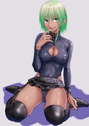 Rule 34 | 1girl, black thighhighs, blue eyes, blush, bodysuit, boots, breasts, cleavage cutout, clothing cutout, covered erect nipples, dark-skinned female, dark skin, finger to mouth, full body, green eyes, green hair, grey background, hair between eyes, heterochromia, highleg, highres, hip focus, kilye kairi, leotard, medium breasts, microskirt, open mouth, original, short hair, simple background, sitting, skin tight, skindentation, skirt, smile, solo, tan, thigh boots, thighhighs, thighs, wariza