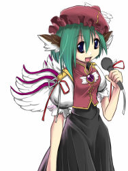 Rule 34 | 1girl, blue eyes, commentary, fang, female focus, green hair, hat, if they mated, microphone, mystia lorelei, shiki eiki, simple background, skirt, solo, touhou, white background, wriggle nightbug, you naka