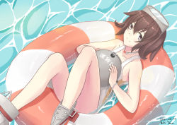 Rule 34 | 1girl, brown hair, cosplay, diving mask, diving mask on head, goggles, goggles on head, grey eyes, innertube, kantai collection, maru-yu (kancolle), maru-yu (kancolle) (cosplay), mutsuki (kancolle), one-piece swimsuit, parted bangs, school swimsuit, short hair, solo, swim ring, swimsuit, taira yuuki, white one-piece swimsuit