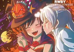 Rule 34 | 2girls, birthday, commentary request, english text, closed eyes, fangs, grimm (rwby), halloween, halloween costume, hat, jack-o&#039;-lantern, kiss, kissing cheek, multiple girls, ruby rose, rwby, scar, scar across eye, scar on face, vampire, weiss schnee, witch hat, yuri