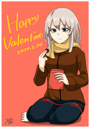 Rule 34 | 1girl, absurdres, artist name, bag, barefoot, black pants, blue eyes, brown jacket, casual, chocolate, closed mouth, commentary, dated, english text, food, full body, girls und panzer, happy valentine, highres, holding, holding bag, holding food, itsumi erika, jacket, long sleeves, medium hair, natsume mina, orange scarf, pants, paper bag, red background, scarf, signature, silver hair, simple background, sitting, smile, solo, valentine, yokozuwari