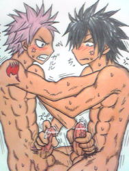 Rule 34 | 2boys, abs, angry, black hair, blush, censored, clenched teeth, fairy tail, gray fullbuster, handjob, male focus, multiple boys, muscular, natsu dragneel, nude, object insertion, penis, pink hair, precum, scar, sitting, tattoo, teeth, testicles, trembling, urethral fingering, urethral insertion, yaoi