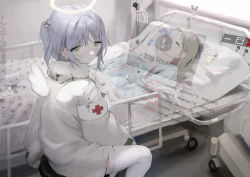 Rule 34 | 2girls, absurdres, angel, angel wings, bags under eyes, bed, benikusochan, closed eyes, earrings, expressionless, female focus, green eyes, halo, highres, hologram, hospital bed, intravenous drip, jewelry, lying, multiple girls, on back, on bed, original, oxygen mask, science fiction, sitting, thighhighs, twintails, white legwear, wings