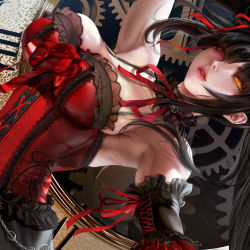Rule 34 | 1girl, black hair, black legwear, breasts, choker, clock, clock eyes, commentary, date a live, detached sleeves, dress, english commentary, gothic lolita, heterochromia, javier estrada, large breasts, lolita fashion, long hair, parted lips, red eyes, roman numeral, solo, symbol-shaped pupils, thighs, tokisaki kurumi, twintails, uneven twintails, yellow eyes