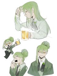 Rule 34 | 1boy, absurdres, alcohol, ascot, beeeeeebird, beer, beer mug, black ascot, chibi, chibi inset, closed mouth, collared shirt, cup, green hair, green jacket, highres, holding, holding cup, jacket, library of ruina, long hair, long sleeves, male focus, mug, multiple views, netzach (project moon), open mouth, project moon, shirt, simple background, smile, very long hair, white background, white shirt, yawning, yellow eyes