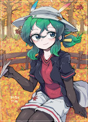 Rule 34 | absurdres, black eyes, black gloves, black jacket, black pantyhose, blush, closed mouth, collarbone, commission, dated, elbow gloves, gloves, green hair, highres, holding, holding paper airplane, jacket, kaban (kemono friends), kanmoku-san, kemono friends, looking at viewer, outdoors, pantyhose, paper airplane, pixiv commission, red shirt, shirt, short hair, short ponytail, short sleeves, smile