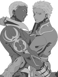 Rule 34 | 2boys, archer (fate), dark skin, dark-skinned male, dual persona, emiya alter, fate/grand order, fate/stay night, fate (series), greyscale, gun, highres, looking at viewer, male focus, monochrome, monochrome, multiple boys, parted lips, short hair, simple background, symmetry, weapon, white background, yaoi