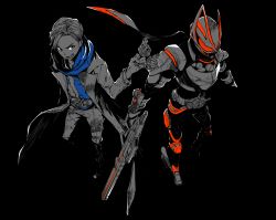 Rule 34 | absurdres, belt, black background, blue shirt, boost buckle, commentary, compound eyes, desire driver, driver (kamen rider), dual persona, floating scarf, fox mask, from above, greyscale, gun, highres, holding, holding gun, holding weapon, jacket, kamen rider, kamen rider geats, kamen rider geats (series), kitsune, linnnoj, magnum boost, magnum buckle, magnum shooter 40x, mask, monochrome, open mouth, red eyes, rider belt, rifle, scarf, shirt, simple background, sketch, smile, spot color, tokusatsu, ukiyo ace, weapon
