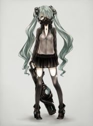 Rule 34 | 1girl, gas mask, green eyes, green hair, hair over one eye, hatsune miku, highres, kaname (cherry0732), long hair, mask, matching hair/eyes, respirator, simple background, skirt, solo, thighhighs, twintails, very long hair, vocaloid
