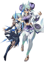 Rule 34 | 2girls, armored boots, asymmetrical horns, blue dress, blue hair, blue nails, boots, breasts, dark-skinned female, dark skin, double bun, dress, earrings, eyepatch, flip-flops, full body, gauntlets, hair bun, horns, jacket, jewelry, large breasts, long sleeves, looking at viewer, midriff peek, multiple girls, nail polish, navel, newflame, open mouth, pants, praxis (xenoblade), purple eyes, sandals, siblings, simple background, single hair bun, sisters, small breasts, smile, stomach, theory (xenoblade), toenail polish, toenails, white background, white jacket, white pants, xenoblade chronicles (series), xenoblade chronicles 2